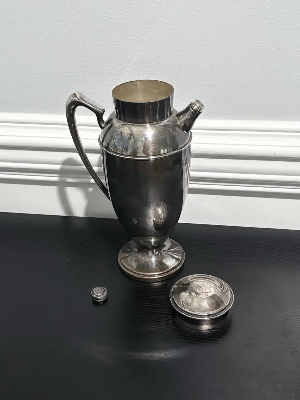 Vintage Silver Plated Copper Cocktail Pitcher w/ Handle 12” Art Deco Barware